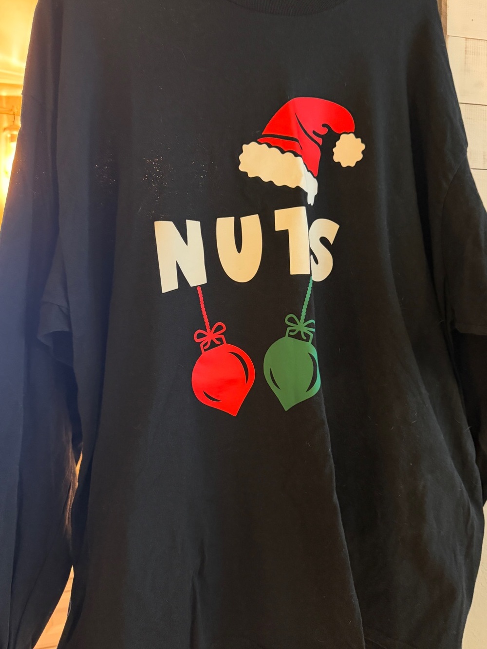 Gildan Black Long Sleeve Tee with Cream 'NUTS' Text and Red & Green Ornaments